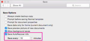 鍵入/調整要自動復原以儲存檔案的頻率。